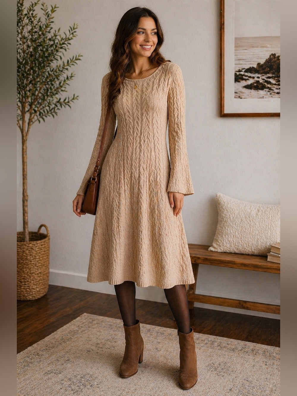 BCBG Max Azria Cable Knit Sweater Dress Bell Sleeve Beige Size M Fit & Flare